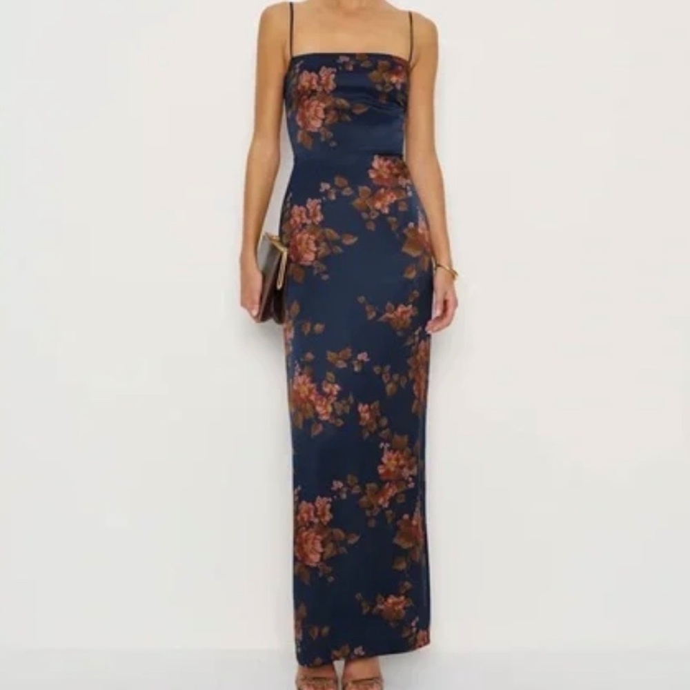 Reformation Navy Floral Maxi Dress with Brown Rust Roses